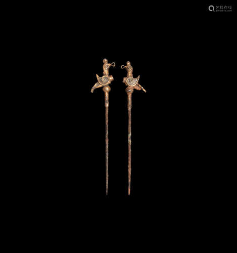 Western Asiatic Gilt Silver Hair-Pin Pair with Birds