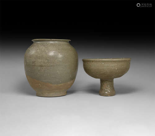Chinese Tang Grey-Glazed Vase and Cup Group