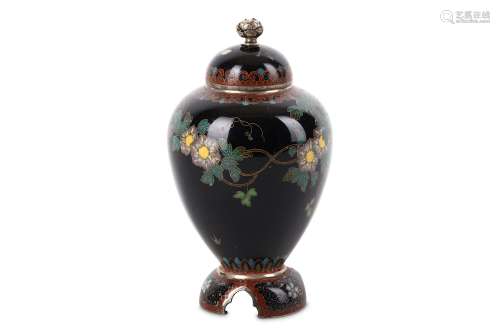 A CLOISONNE VASE AND COVER. Meiji period. Of ovoid form worked in gilt and silver wire against a