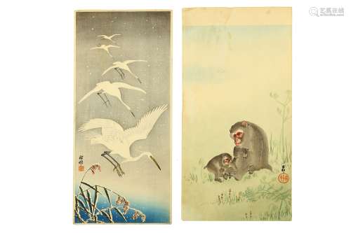 OHARA KOSON (1877 - 1945). Two woodblock prints, tanzaku format, Monkeys beside horsetails signed