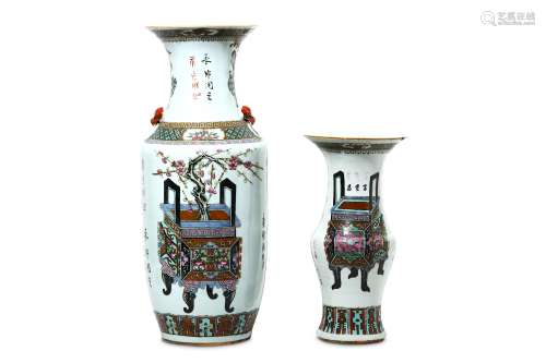 TWO CHINESE FAMILLE ROSE 'INCENSE BURNERS' VASES. 19th Century. The larger with a cylindrical body