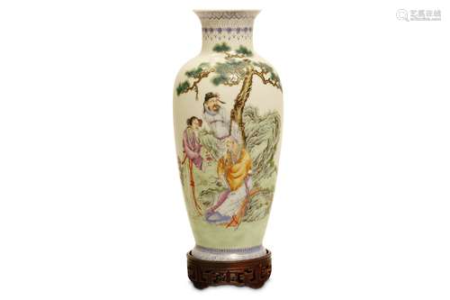 A CHINESE EGGSHELL PORCELAIN FAMILLE ROSE VASE. 20th Century. The wide-shouldered vase rising to a