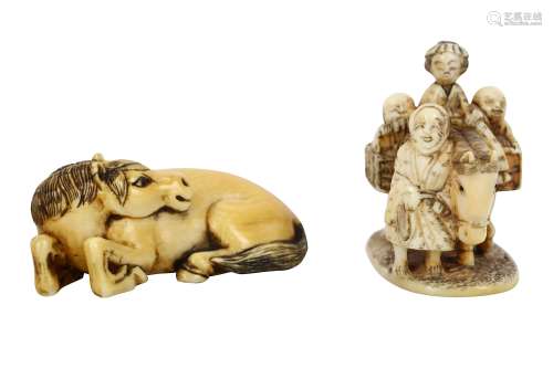TWO IVORY NETSUKE OF HORSES. 19th Century. The first reclining with its legs tucked beneath and