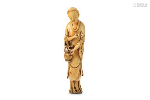 A CHINESE IVORY CARVING OF MAGU. 17th Century. The Immortal maiden carved standing, wearing