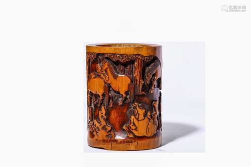 A CHINESE BAMBOO 'HORSES OF MU WANG' BRUSH POT, BITONG. Of cylindrical form, the exterior carved