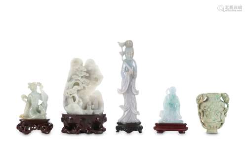 A COLLECTION OF FIVE JADE ITEMS. 20th Century. Comprising: a boulder, an Immortal maiden with a