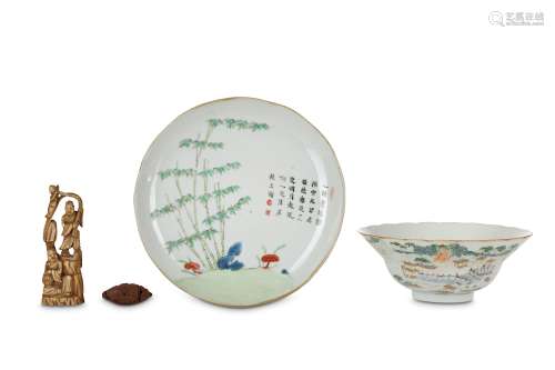 A SMALL COLLECTION OF CHINESE PORCELAIN AND CARVINGS. Kangxi and later. Comprising: a plate