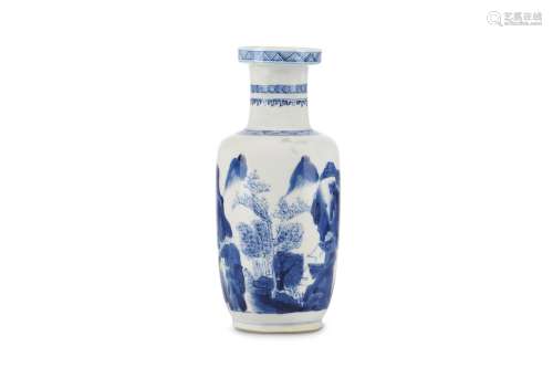 A BLUE AND WHITE ROULEAU 'LANDSCAPE' VASE. Qing Dynasty, Kangxi period. Painted with a continuous