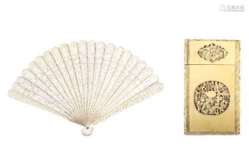 A CHINESE IVORY CANTON BRISÉ FAN AND CARD CASE. Qing Dynasty, 19th Century. Carved on both sides