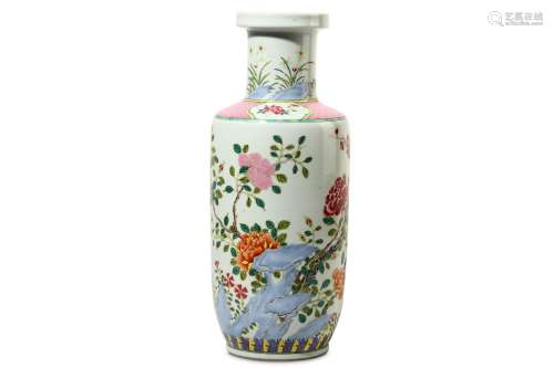 A CHINESE FAMILLE ROSE ROULEAU 'FLOWERS' VASE. Painted with a blossoming red prunus, peonies,