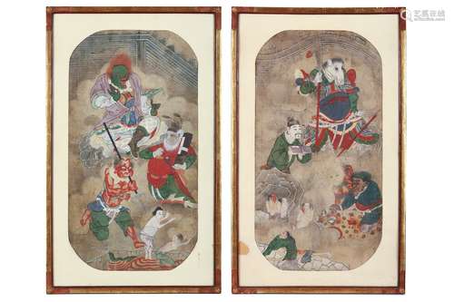 TWO CHINESE BUDDHIST PAINTINGS OF HELL. Qing Dynasty. Pigment on canvas, framed and glazed, 54 x