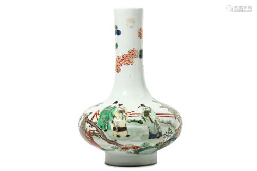 A CHINESE FAMILLE VERTE BOTTLE VASE. The squat body rising to a tall cylindrical neck decorated with