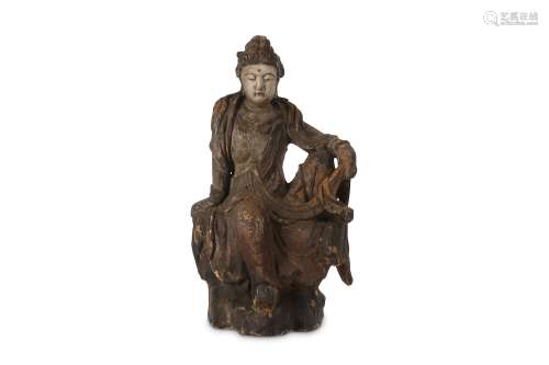 A CHINESE POLYCHROMED WOOD FIGURE OF A BODHISATTVA. 17th Century. Seated in , wearing long flowing