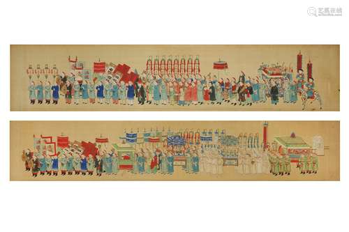 A PAIR OF CHINESE MARRIAGE PROCESSION PAINTINGS ON SILK. Late Qing Dynasty. Depicting a crowd of