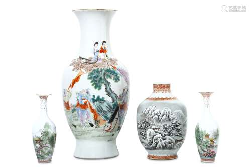 FOUR CHINESE VASES 20th Century. Comprising: a large vase painted with warriors praying to celestial