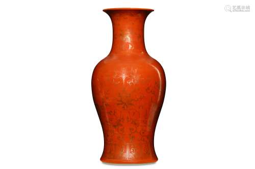 A CHINESE IRON-RED GILT-DECORATED VASE. 19th Century. With a baluster-shaped body decorated with