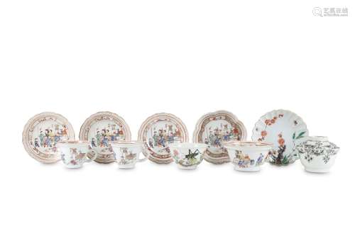 A COLLECTION OF CHINESE CUPS AND SAUCERS. Qing Dynasty. Comprising: a part rose tea set with two