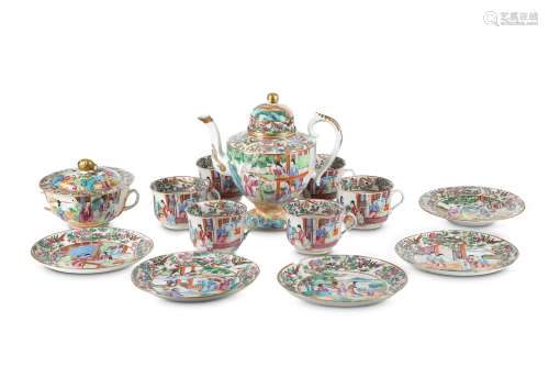 A CHINESE FAMILLE ROSE CANTON TEA SET. 19th Century. Comprising: a teapot and cover, a bowl and