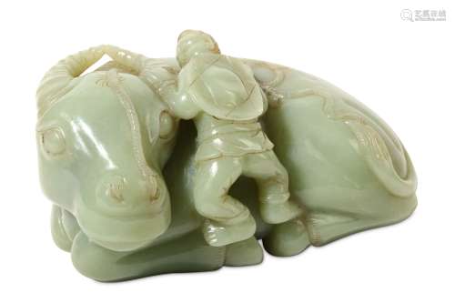 A CHINESE PALE CELADON JADE 'BOY AND A BUFFALO' CARVING. 20th Century.   The bovine reclining with