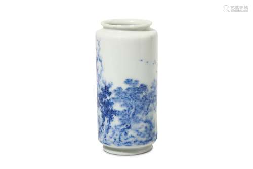 A CHINESE BLUE AND WHITE TOOL VASE. Attributed to Wang Bu (1898-1968). The cylindrical vase