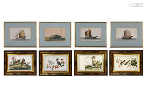 EIGHT CHINESE EXPORT PAINTINGS. Qing Dynasty, 19th Century. Comprising four paintings of birds and