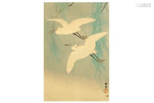 OHARA KOSON (1877 - 1945). A woodblock print, oban tate-e, flying egrets beneath a willow tree,