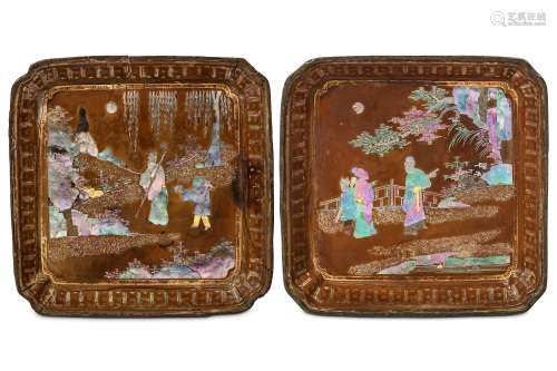 A PAIR OF CHINESE MOTHER-OF-PEARL INLAID BLACK LACQUER TRAYS. Qing Dynasty, Kangxi period. Of square