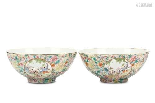 A PAIR OF CHINESE MILLEFLEUR-GROUND ‘BOYS’ BOWLS. 20th Century. Decorated with circular panels of