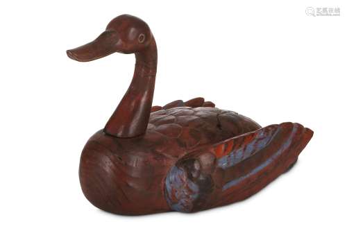 A POLYCHROMED WOOD 'MARRIAGE' DUCK. Korea. With stylised plumage painted brown, blue, red and black,