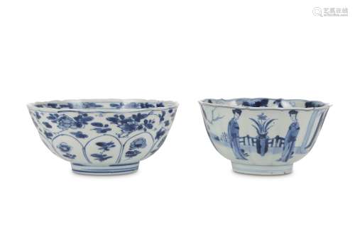 A CHINESE BLUE AND WHITE 'LADIES' BOWL. Qing Dynasty, Kangxi period or later. The lobed body with