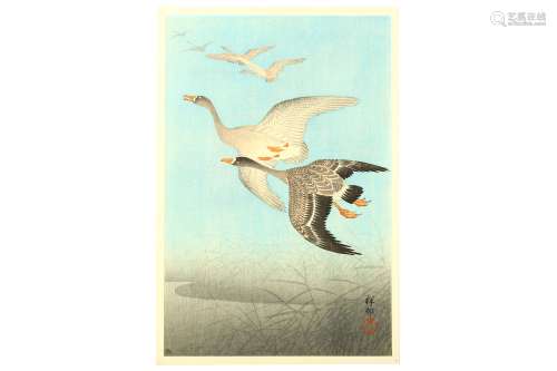 OHARA KOSON (1877 - 1945). Oban tate-e, woodblock print, flying geese over the pond, signed