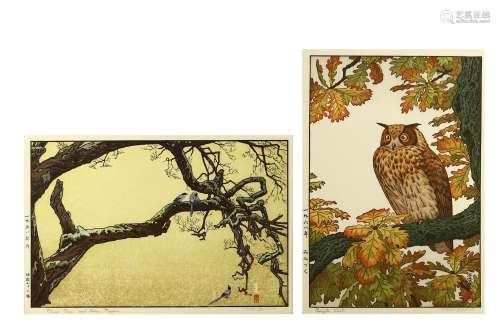 TOSHI YOSHIDA (1911 - 1995). Two woodblock prints, oban tate-e, an eagle-owl on an oak tree,