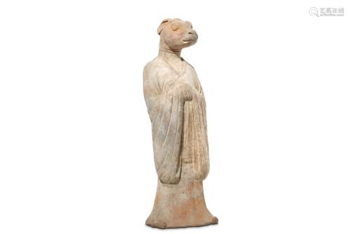 A CHINESE POTTERY ZODIAC FIGURE. Tang Dynasty. Standing, wearing long-sleeved robes, with hands held