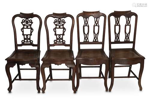 TWO PAIRS OF CHINESE WOOD CHAIRS. 20th Century. With wood seats and tall arched backs carved with