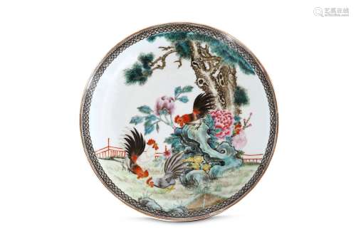 A CHINESE 'COCKERELS' DISH.  20th Century, attributed to Deng Xiaoyu (1920-2000). Painted with