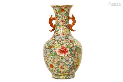 A CHINESE ENAMELLED 'MILLE-FLEURS' VASE. Qing Dynasty, 19th Century. The ovoid body, a waisted