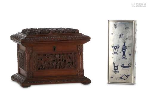 TWO CHINESE BOXES. Late Qing Dynasty. One a rectangular Canton hardwood casket with a hinged