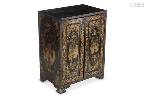 A CHINESE GILT-DECORATED BLACK LACQUER CABINET. Qing Dynasty. Painted with figures in landscapes