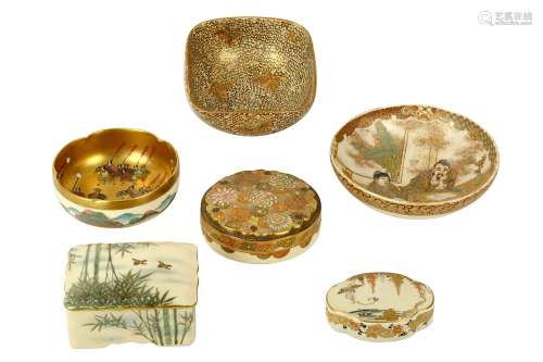 SIX SATSUMA PIECES. 19th/20th Century. Three boxes and covers, each of circular, square and mokko