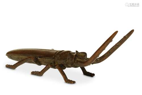 A BRONZE MODEL OF A BEETLE. 19th Century. Realistically modelled as an insect with an elongated