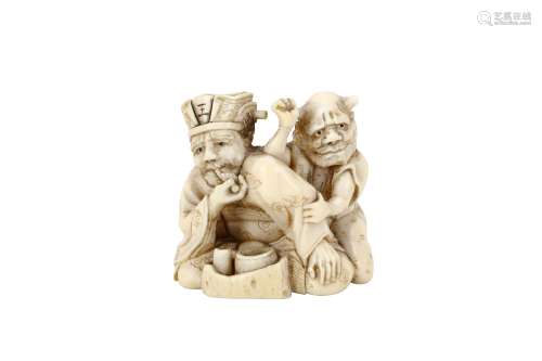 AN IVORY NETSUKE OF SHOKI AND DEMON. 19th Century The Demon-Queller seated holding a pipe in his