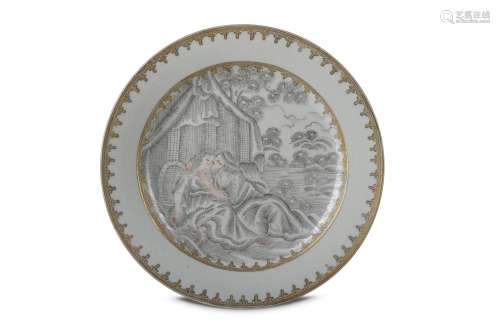 A CHINESE EN GRISAILLE-DECORATED 'LOVERS' DISH. Qing Dynasty, Qianlong period. Painted with a pair
