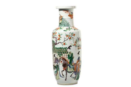 A CHINESE FAMILLE ROSE ROULEAU VASE. Qing Dynasty, 19th Century. Painted with an equestrian lady and