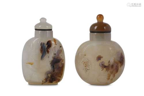 TWO CHINESE SILHOUETTE AGATE SNUFF BOTTLES.  Qing Dynasty. Each with a flattened ovoid body, one