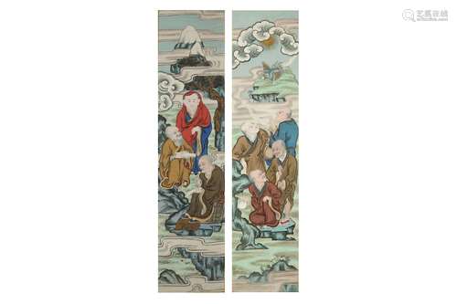 A PAIR OF CHINESE LUOHAN PAINTINGS ON CANVAS. Qing Dynasty. Depicting seven holy men studying