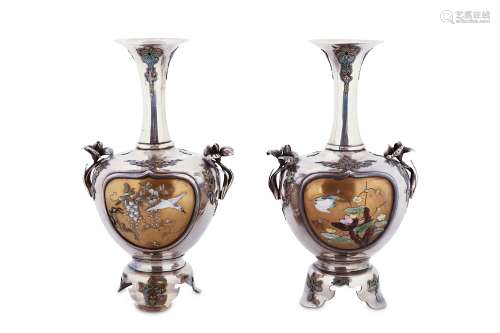 A PAIR OF SILVER AND SHIBAYAMA VASES. Meiji period. Of bulbous shape with a trumpet-shaped neck,