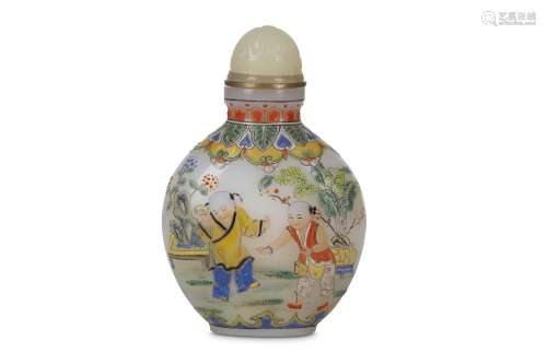 A CHINESE ENAMELLED 'BOYS' GLASS SNUFF BOTTLE. Second Half of 20th Century. With a flattened ovoid