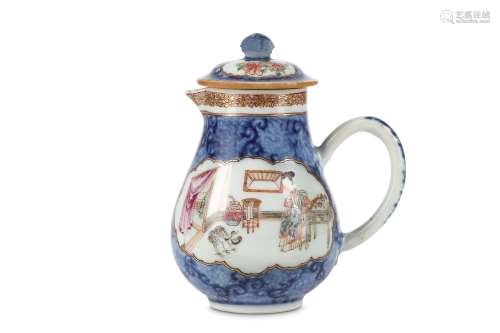 A CHINESE FAMILLE ROSE ENAMELLED BLUE AND WHITE JUG AND COVER. Qing Dynasty, Yongzheng period. The