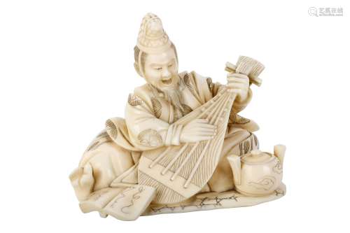 AN IVORY OKIMONO OF A MUSICIAN. Meiji Period. A nobleman seated on a mat, singing and playing a biwa