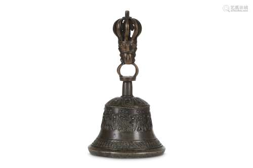 A TIBETAN COPPER ALLOY RITUAL BELL, GHANTA AND CASE. 19th Century. Cast with a band of vajras around